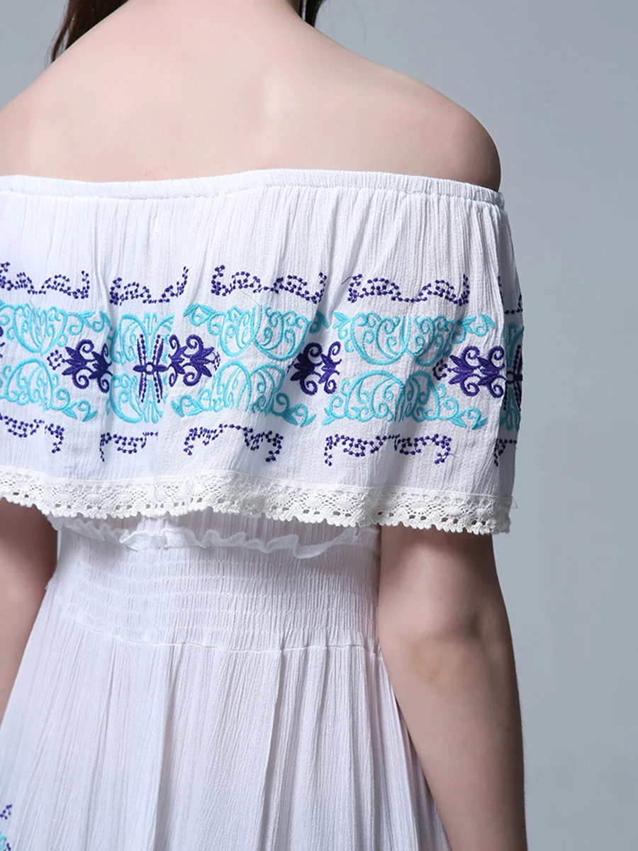 Богемное цветочное вышитое белое платье Макси летнее женское с открытыми плечами Slash шеи с оборками отделка длинное платье 2019 винтажные