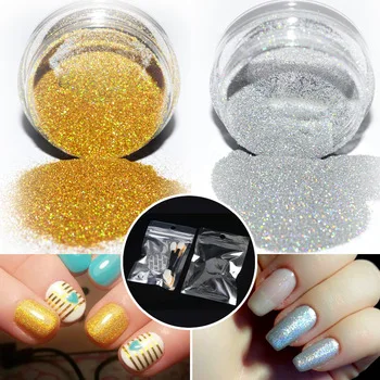 1g/Box Holographic Nail Glitter Powder &amp;amp; 2pcs Brush Nail Art Holo Glitters Powder Dust Shinny Gold Sliver Nail Art Decorations