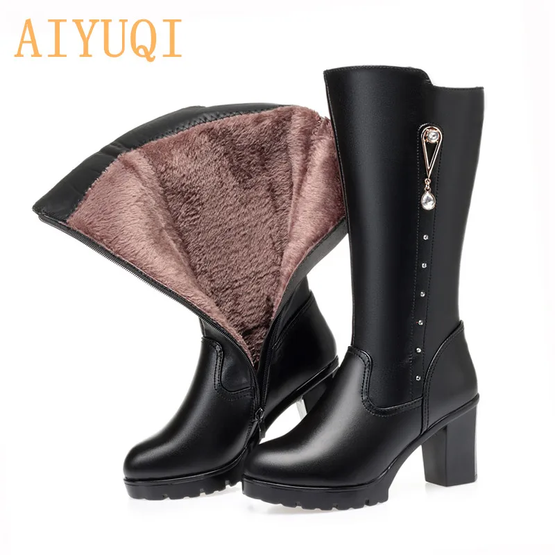 fluff black AIYUQI г., новые зимние женские высокие сапоги из натуральной кожи теплые водонепроницаемые зимние сапоги женские сапоги на высоком каблуке - Цвет: fluff black