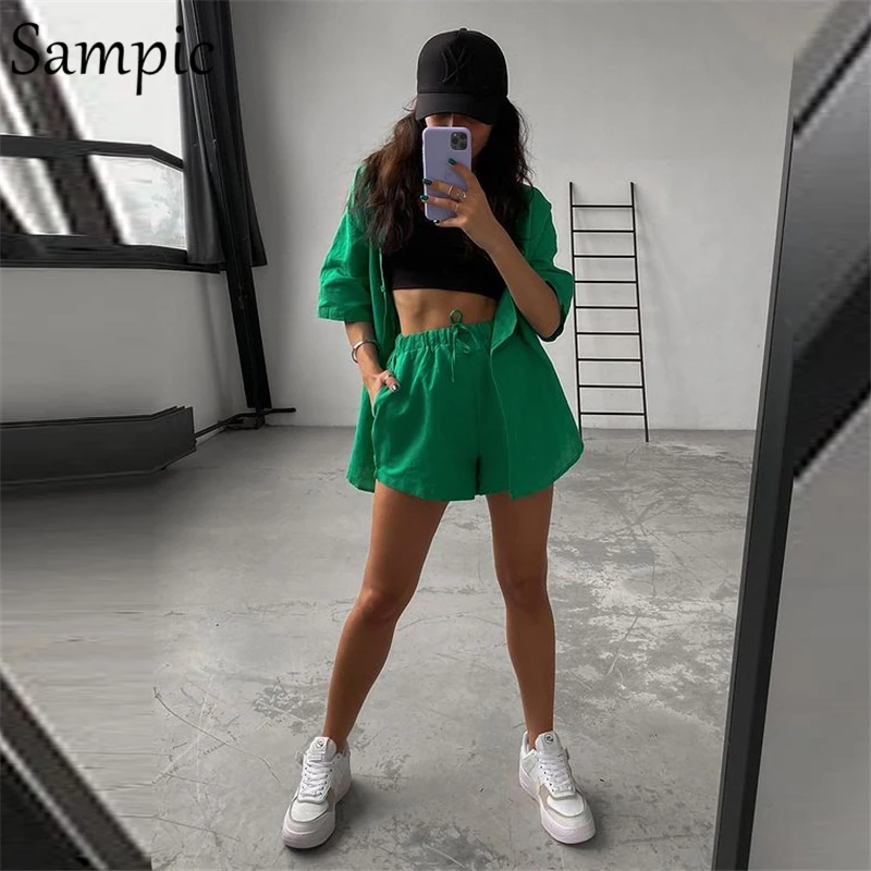 Sampic Casual Lounge Wear Summer Green Tracksuit Women Shorts Set Short Sleeve Shirt Tops And Loose Mini Shorts Two Piece Set loungewear sets