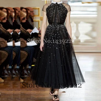 

Bling Black Tulle Evening Dress Deep High Neck Beads Celebrity Formal Dresses Robe De Soiree Evening Party Gown Pleat
