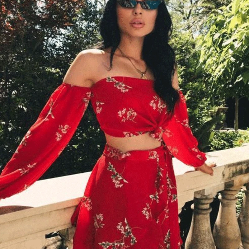 

2 Two Piece Set Women Boho Dress Off Shoulder Crop Tops Ruffle Short Skirt 2pcs Set Floral Holiday Summer Autumn Female Dress