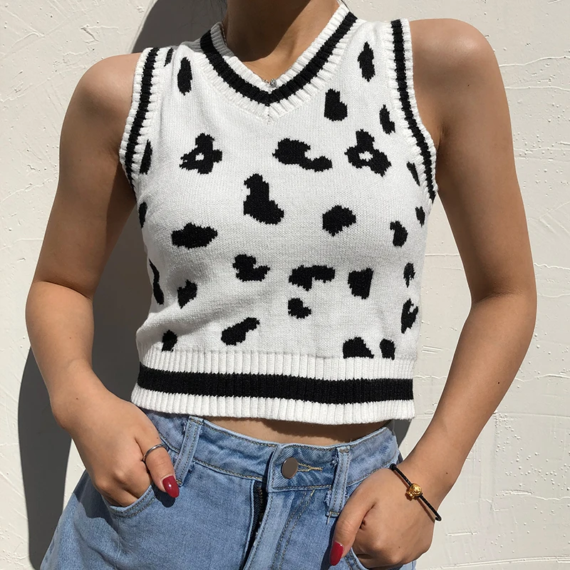 

Casual Black White Milk Cow Print Striped Crop Knitted Sweater Vest Women 2020 V Neck Sleeveless Sweet Pullovers Y2K Top Jumper