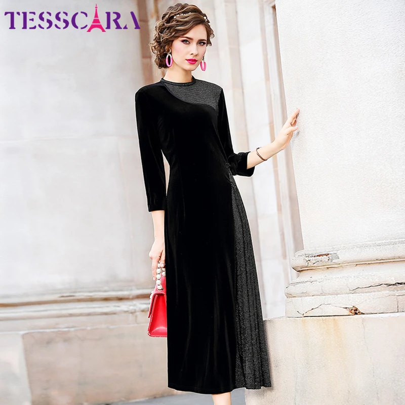TESSCARA, женское осеннее элегантное бархатное платье, женские вечерние платья высокого качества, винтажное коктейльное платье