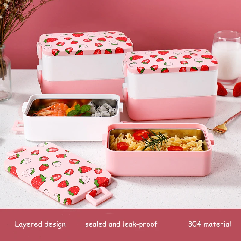 Pink Strawberry Lunch Box Stainless Steel Insulated Bento Box Student