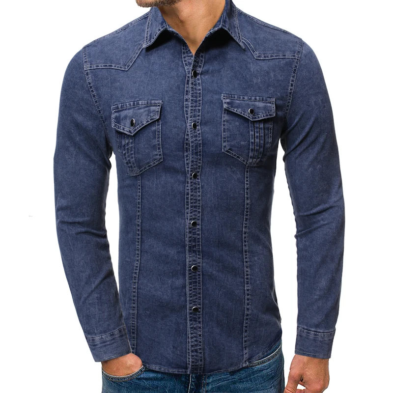 Классические повседневные джинсовые рубашки мужские с длинным рукавом тонкая рубашка джинсы masculina осень весна отложной воротник Мужская