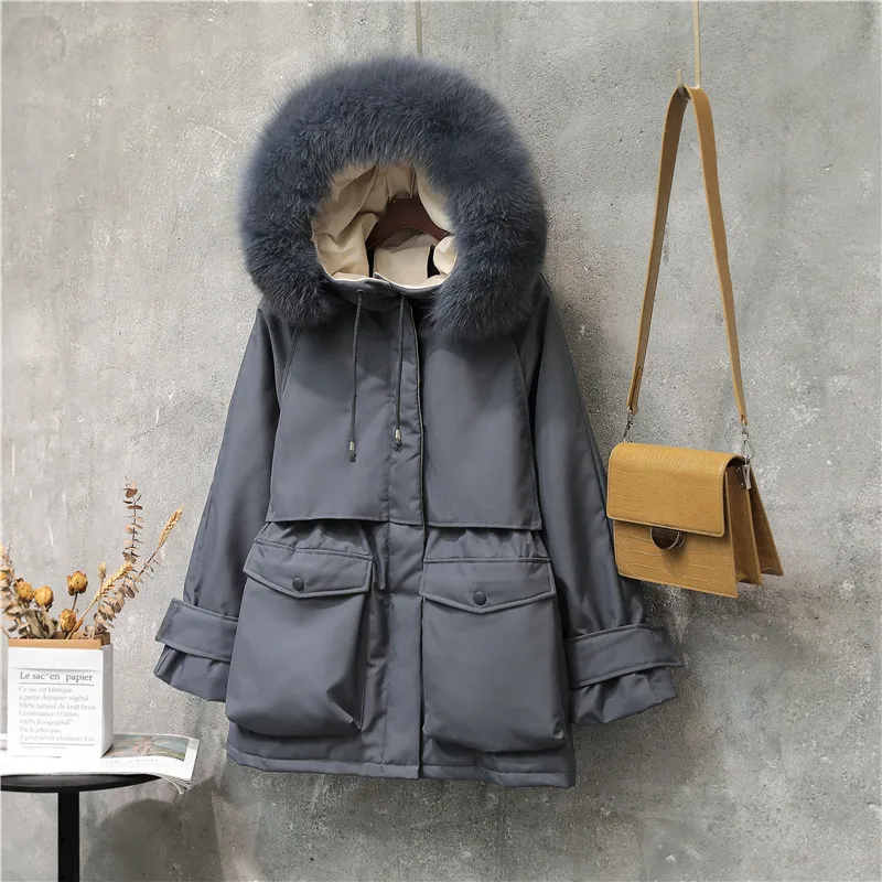 

Winter Women's Jackets White Duck Down Large Natural Fox Fur Coat Hooded Parkas Female Sash Tie Up Snow Outwear
