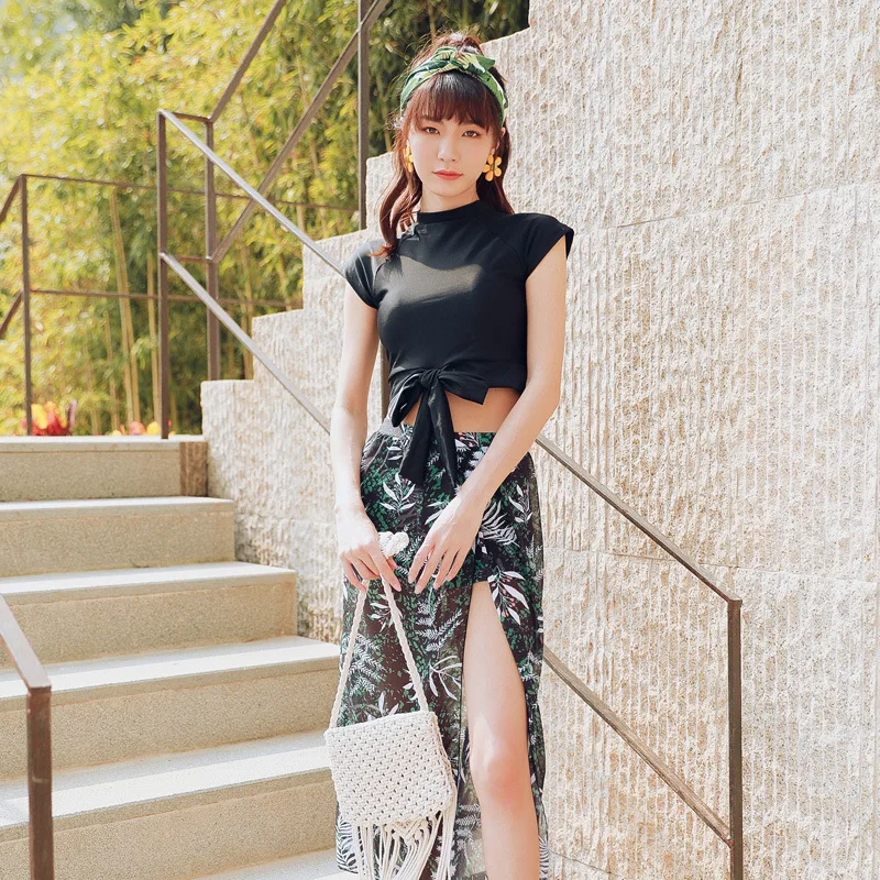 

New Style Bathing Suit Short Sleeve Bandage Cloth High Slit Long Skirts xing gan qun-Split Type Swimwear Bikini Three-piece Set