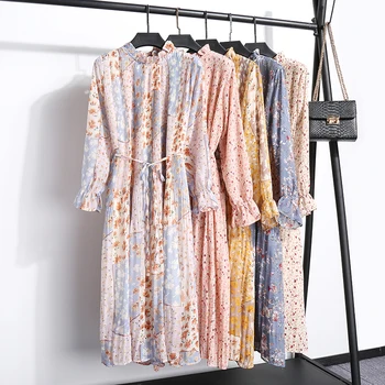 

Women Chiffon Dress 2020 Spring Summer Female Vintage Elegant Long Sleeve Loose Casual Pleated Dress Two Layers Vestidos