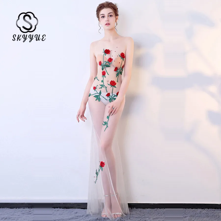 

Skkyue Perspective Dress O-neck Sleeveless Robe De Soiree Appliques Tank Evening Dresses Floor Length Evening Dress 2019 H033
