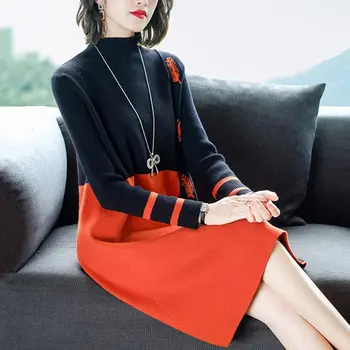

Woolen Noble Women's Winter Dress 2020 New Mid-length Base Contrast Color Knitted Sweater Dress Simple Long Pullovers Tops K1211