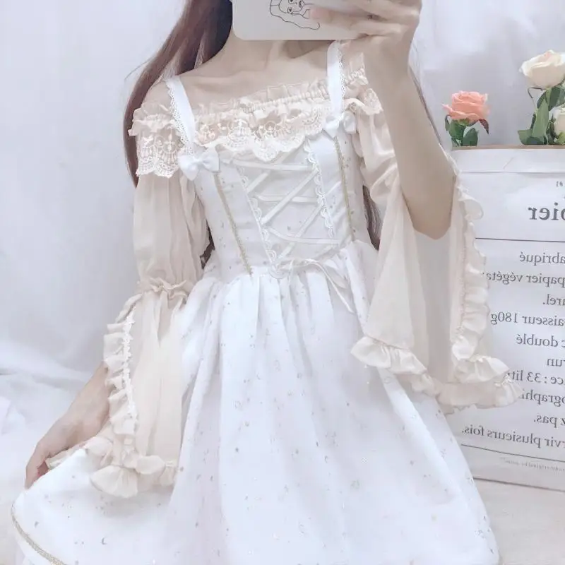 apricot Женские милые кружевные шифоновые свободные многослойные топы в стиле Лолиты Neverland, костюм Виктории с длинными рукавами-колокольчиками для женщин, новинка - Цвет: apricot