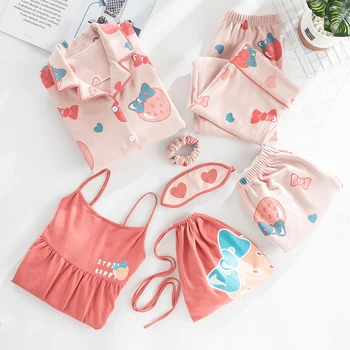 

MELIFLE 7 Pieces All-Cotton Pyjamas Sets for Women Summer Fashion Sexy Sling Nightie Winter Cute Cartoon Print Mujer Sleepwear