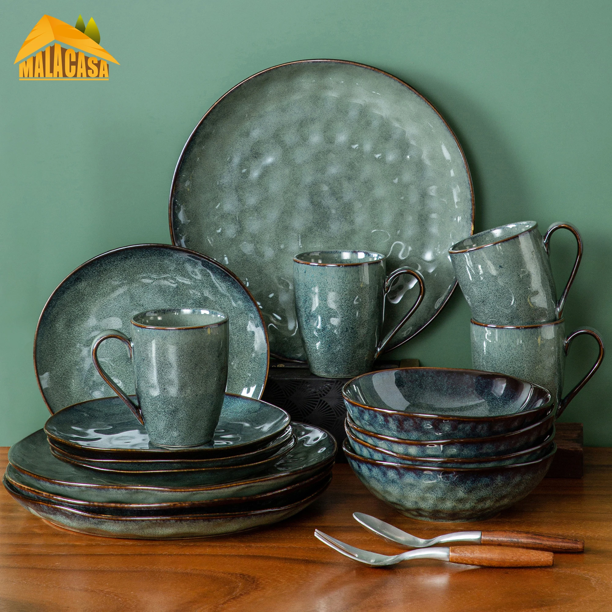 Vancasso 16/32/48piece Starry Green Dinner Set,kiln Change Glaze