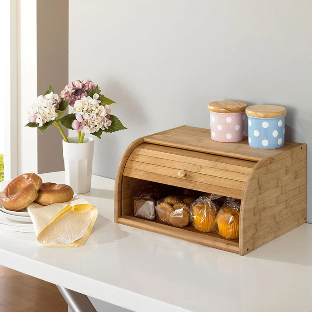 Bread Box Bamboo Bread Buddy Dispenser Multi Functional Food Storage Holder  Large Capacity Bread Bin For Kitchen Counter