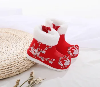 

2019 Winter Red Floral Baby Girl's Snow Boots Embroidered Women Boot Frozen Children Cotton Shoes for Kids White Sneakers