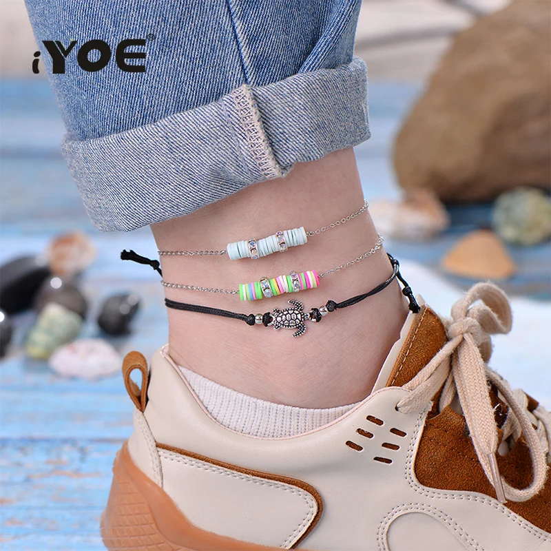 IYOE 2pcs/Lot Boho Vintage Turtle PU Ankle Bracelets For Women Colorful Soft Clay Chip Chain Bracelet Anklet Friendship Summer | Украшения