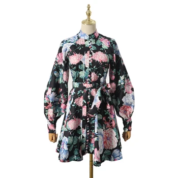 

[LIVIVIO] Floral Print Vintage Mini Dress ZIM 2019 Autumn Women Dresses Sash Waisted Long Lantern Sleeve Elegant Female Fashion
