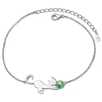 

XiaoJing 100% 925 Sterling Silver Cute Green Enamel Cat Link Chain Bracelets&Bangles for Women Jewelry Mother Best Gift 2019