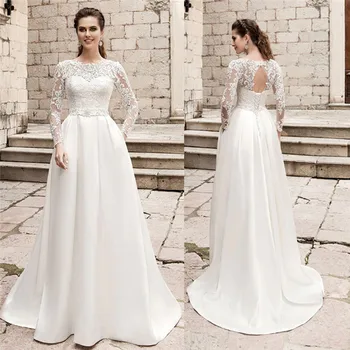 

O-Neck Lace Appliques Long Sleeves A-Line Wedding Dresses Satin Lace Up Back Bridal Gowns Garden Long Wedding Wear Spring