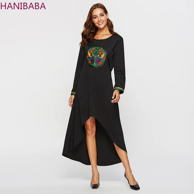 

Embroidered Irregular MAXI Dress Long Sleeve Loose Round Neck Casual Black Dress Elegant Women Party Night Robe Femme Autumn