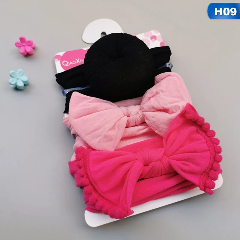 Новинка года, комплект из 3 предметов, однотонная нейлоновая повязка на голову, повязка на голову с бантом для милых, Детские волосы для девочек, повязка на голову для девочек, детская мягкая хлопковая повязка на голову