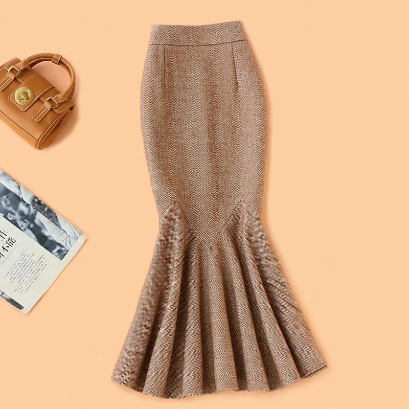 Free Shipping 2022 New Fashion Long Maxi Skirt Women S-2XL Mermaid Style Ladies High Waist Winter Autumn Wool Skirts Warm Thick 2022 middle aged and elderly pullover cardigan men s v neck vest solid color camisole slim fitting vest knitted wool sweater