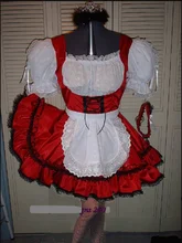 

Red square neck bubble sleeve open shoulder LACE APRON Maid Dress Adult sissy mock pinafore French dress customizable