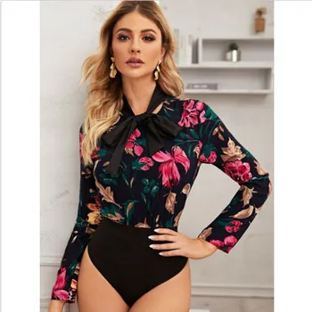 

Vintage Womens Bodysuit Fashion Floral Print Long Sleeve Crew Neck Bandage Bodysuit Leotard Tops Slim Blouse Jumpsuit Romper Lot