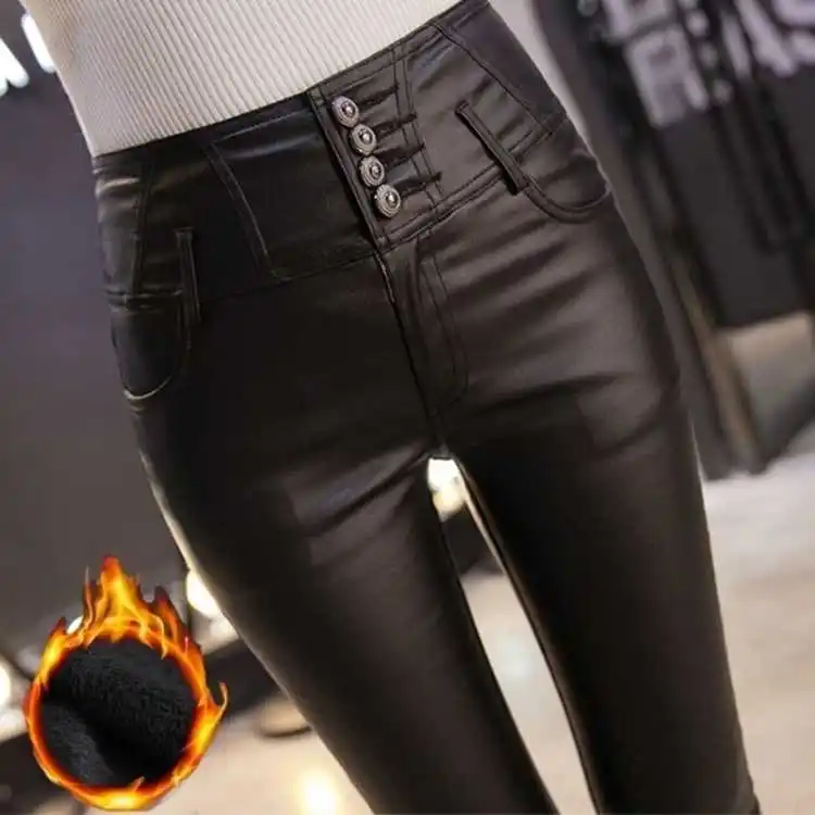 Single-breasted Stretch Fleece Winter Pants Women PU Warm Female Pencil Velvet Trousers Skinny Leather Pants - Цвет: Black