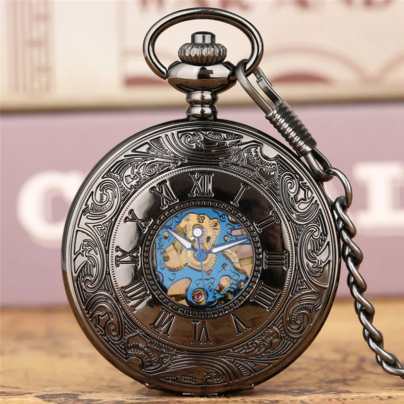 Antique Wooden Case Handwinding Mechanical Pocket Watch for Men Women Skeleton Clock Pendant Chain Roman Number Dial Hour Gift