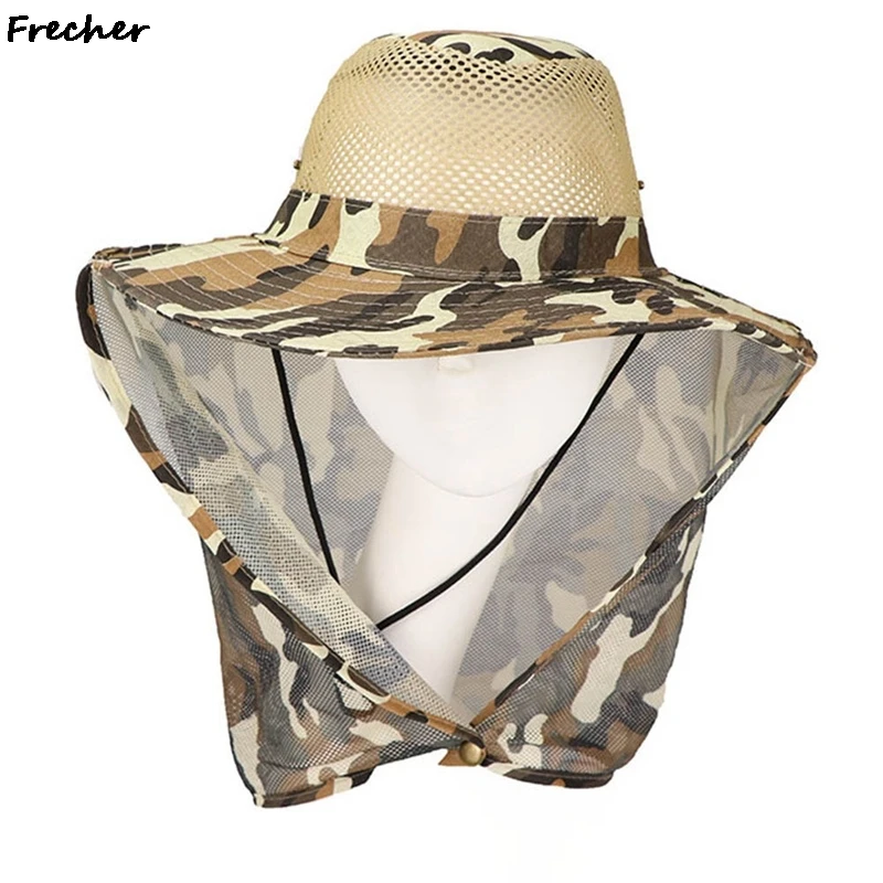 Sombrero de pesca de ala ancha para hombre, gorra de malla transpirable, sombreros de playa de camuflaje, protección solar UV, sombra