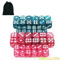 Bescon Ethereal Glitter Dice D6 16MM&12MM 48pcs Set, Game Dice Glitter Rose and Teal in 12MM&16MM Each 12pcs 1