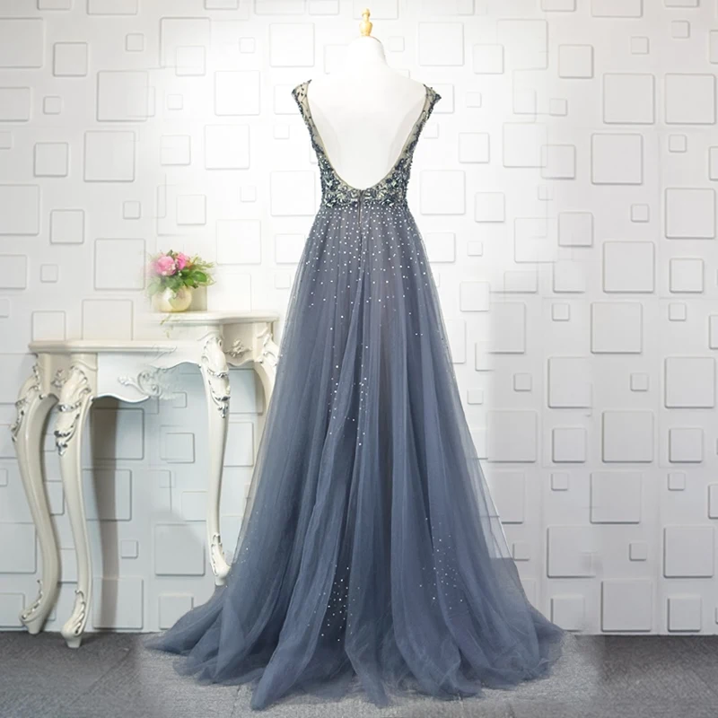 YY087 arabic evening dress long v-neck backless navy blue mother of bride dress A-line evening gown new robe soiree sexy longue