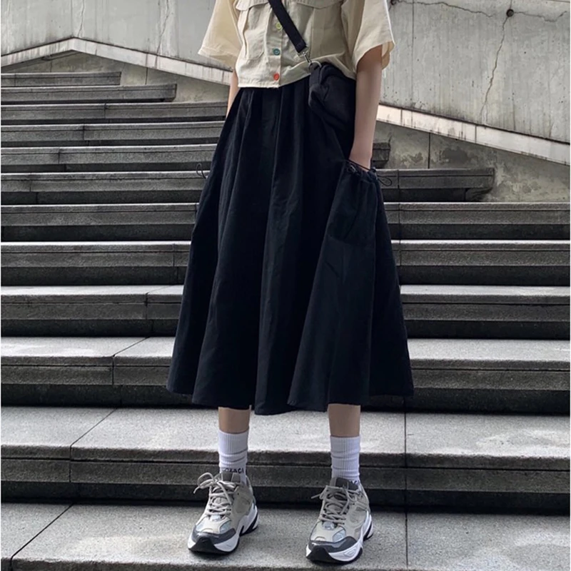 

YBYR Fashion Black Women Midi Skirt Summer Elastic High Waist Side Pocket Streetwear Casual A-line Loose Long Skirt Ladies 2021