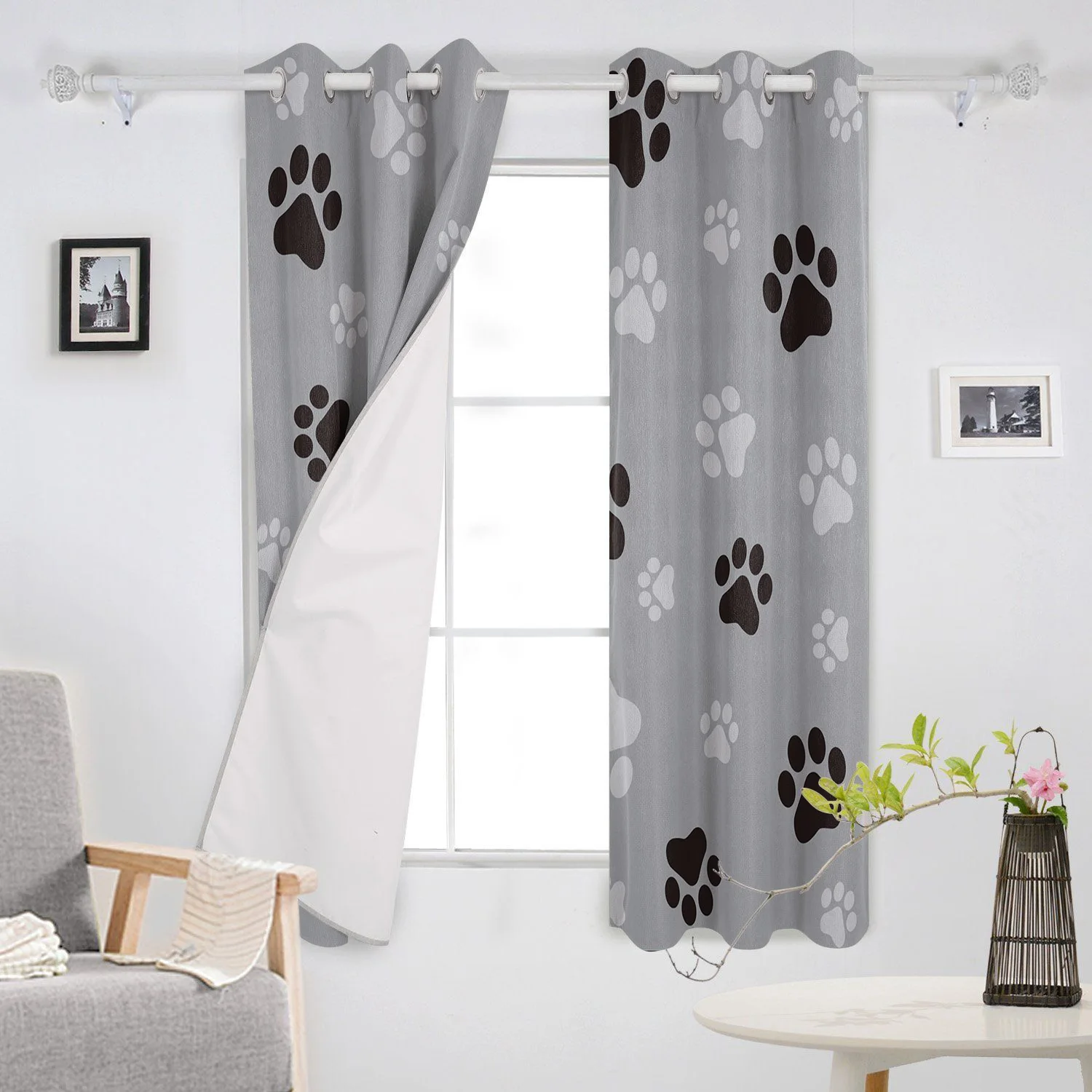 Dog Paw Print Window Curtains, Neon Rainbow Animal Footprint Cute Window Drapes, Puppy Cartoon