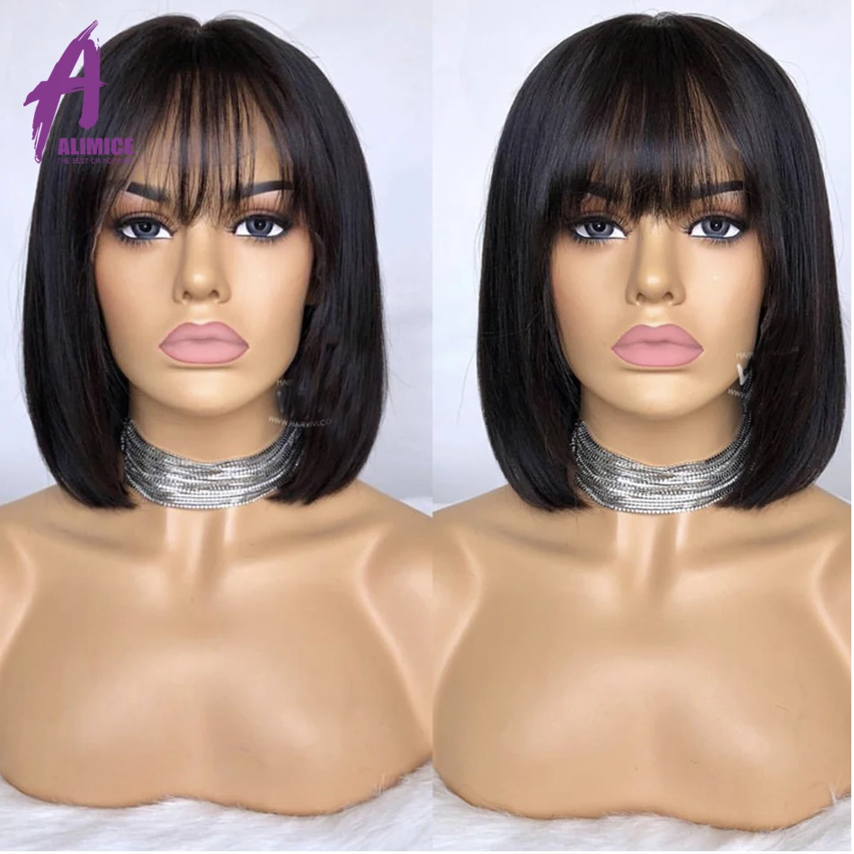 

Glueless Lace Front Short Bob Wig 13x4 Human Hair Wigs With Bangs Brazilian Straight Black Hair Bang For Women Remy Baby Hair