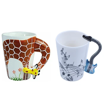 

2 Pcs Creative Gift Ceramic Coffee Milk Tea Mug, 1 Pcs 300ML Guitar Cup & 1 Pcs 400ML Giraffe Cup