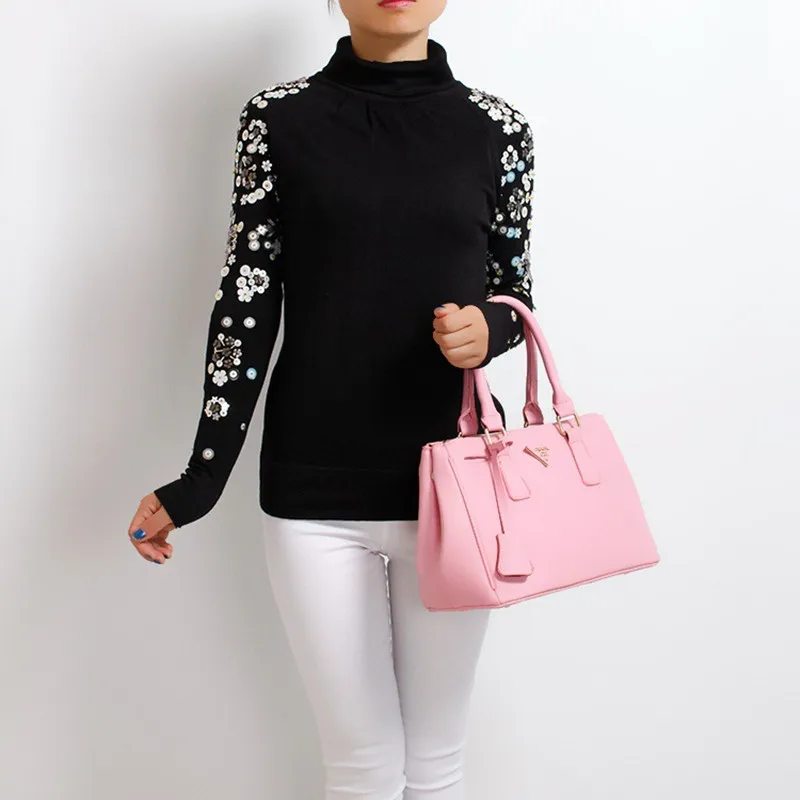 

Luxury Brand Designer Knitted Pullovers for Women Causel Turtleneck Manual Beading Sequins Flowers Black Knitted Sweater
