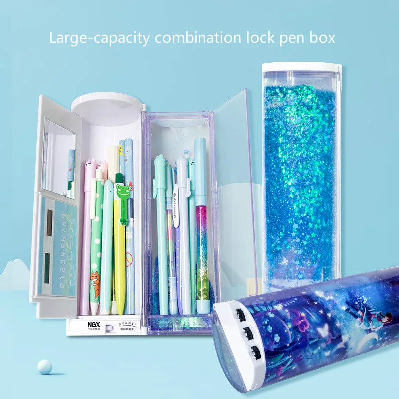 

Cute mechanical password stationery box quicksand multifunctional pencil box with calculator children school supplies stationery