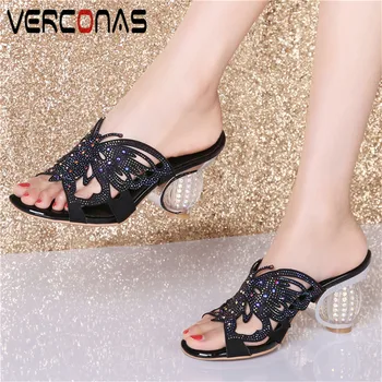 

VERCONAS Women Crystal Heel New Arrival Slippers High Quality Genuine Leather Rhinestones Sandals Thick Heels Shoes Woman