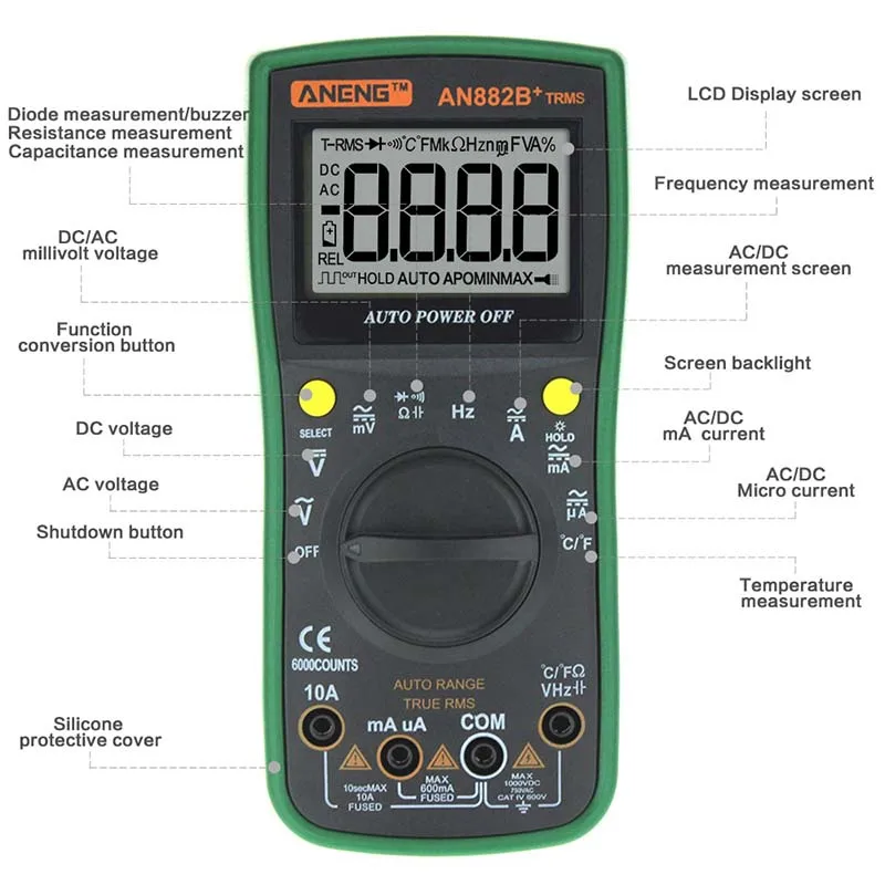 ANENG AN882B+ TRUE-RMS Цифровой мультиметр 6000 отсчетов Автоматический диапазон AV DC LCR измеритель напряжения универсальный измеритель HR