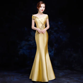

Elegant Women Pure color Mermaid Slim Qipao Sexy Off Shoulder Cheongsam Full Length Vestidos Female Evening Party Chinese Dress