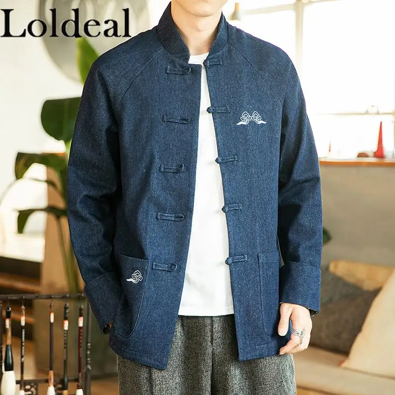 

Loldeal Chinese Style Denim Stand Collar Jacket Vintage Embroidered Single Breasted Buckle