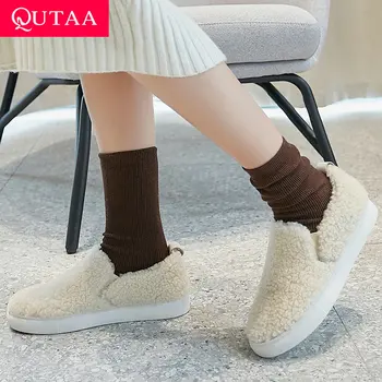 

QUTAA 2020 Leather Sheep Curl All Match Platform Women Shoes Slip on Wedges Autumn Winter Warm Fur Casual Women Flat Size 34-39