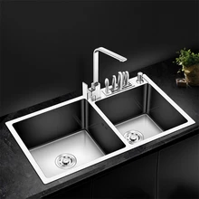 Thickened Stainless Steel Kitchen Sink Handmade Double-bowl Set Household Improvement Above Counter Basin with Pull-out Faucet