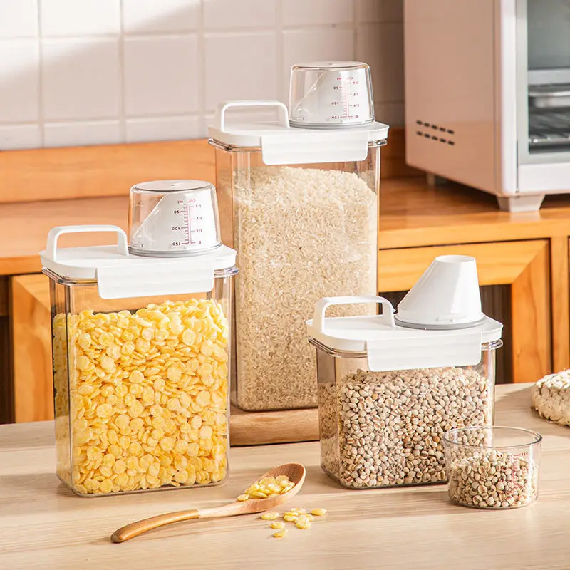 Airtight Food Storage Container Transparent Kitchen Cereal Storage Jars  with Measuring Cup Pouring Spout Cabinet Organizer Box - AliExpress