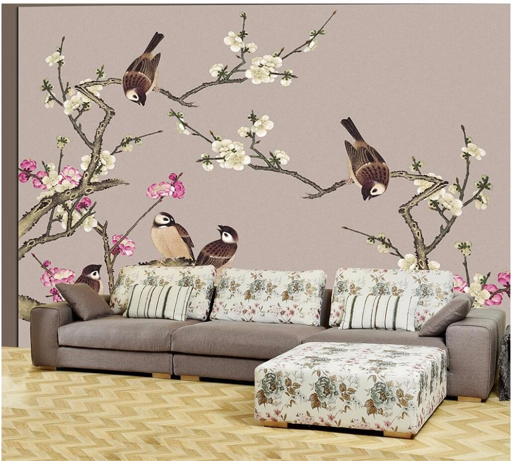 

Drop Shipping Custom Photo Wallpapers Highland Tinker Peach Blossom House And Everything Hing Flower Birds Backdrop Papel De