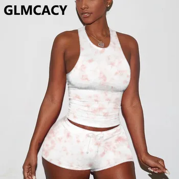 

Women Abstract Tie Dye Printed Two Piece Loungwear Sleepwear Sexy Tank Top and Shorts Set Summer Casual Suits