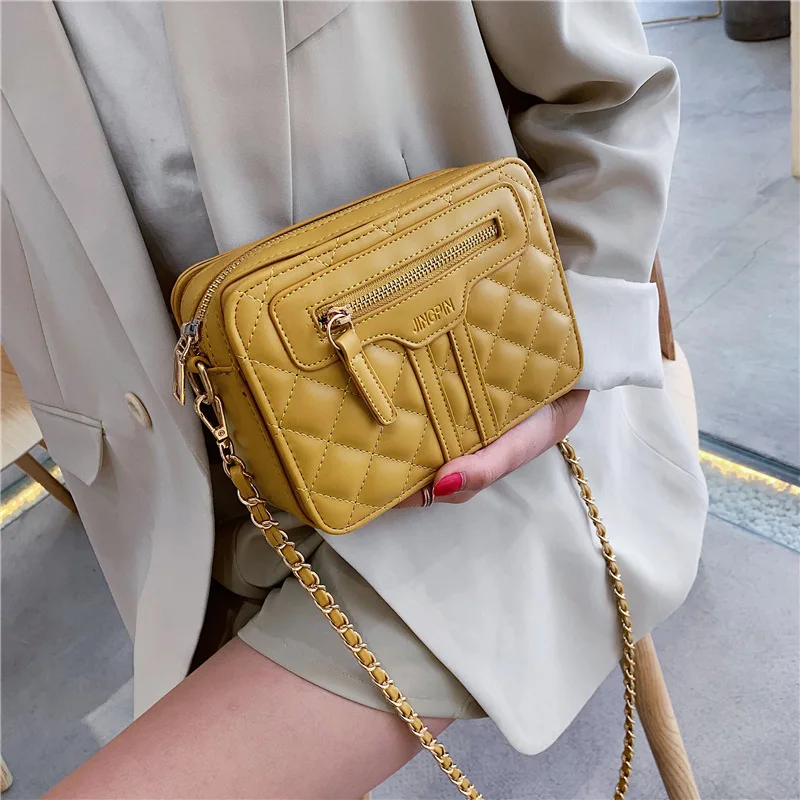 

2019 new suit horizontal zipper small square bag double pocket rhomboid single shoulder slanted female bag